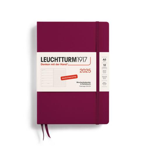 Leuchtturm1917 Wochenkalender 2025 & Notizbuch Medium A5 Hardcover Port Red Dotted